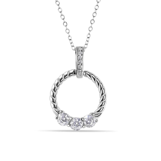 925 Sterling Silver Rhodium Plated Twisted Round Pendant with CZ
