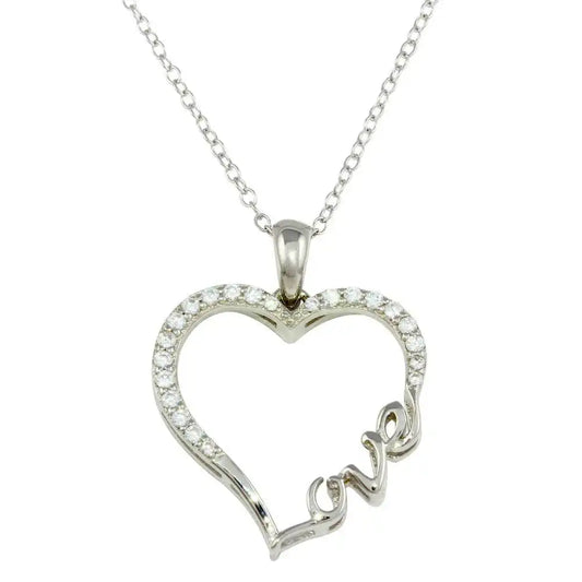 925 Sterling Silver Rhodium Plated Heart and Love Word Necklace with CZ