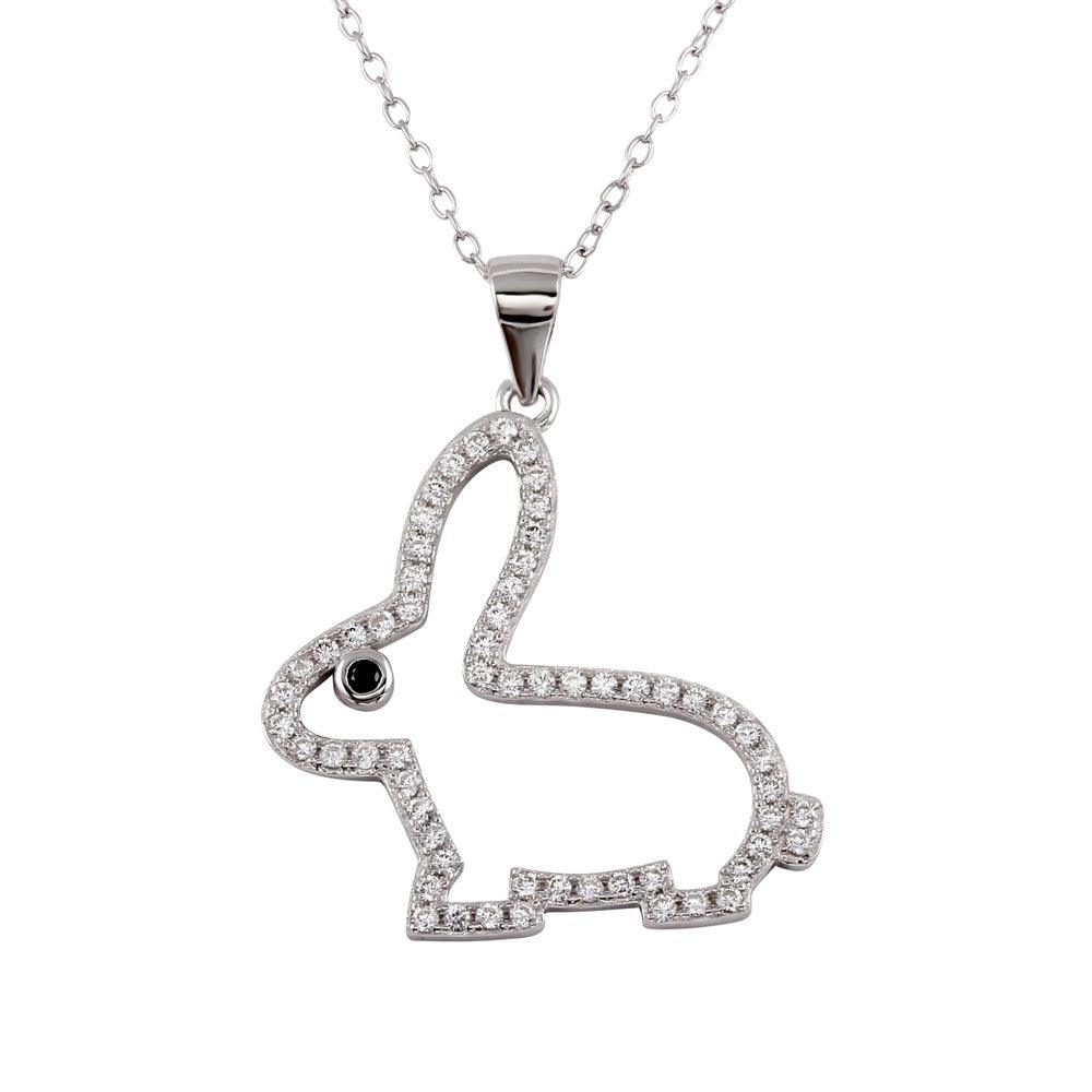 925 Sterling Silver Rhodium Plated Open Rabbit Pendant with CZ