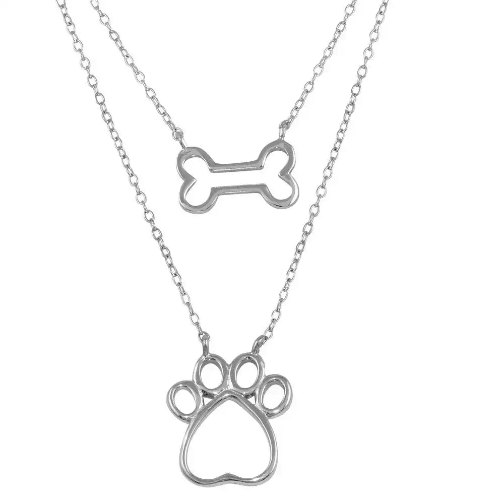 925 Sterling Silver Rhodium Plated Two Piece Dog Bone and Paw Necklace
