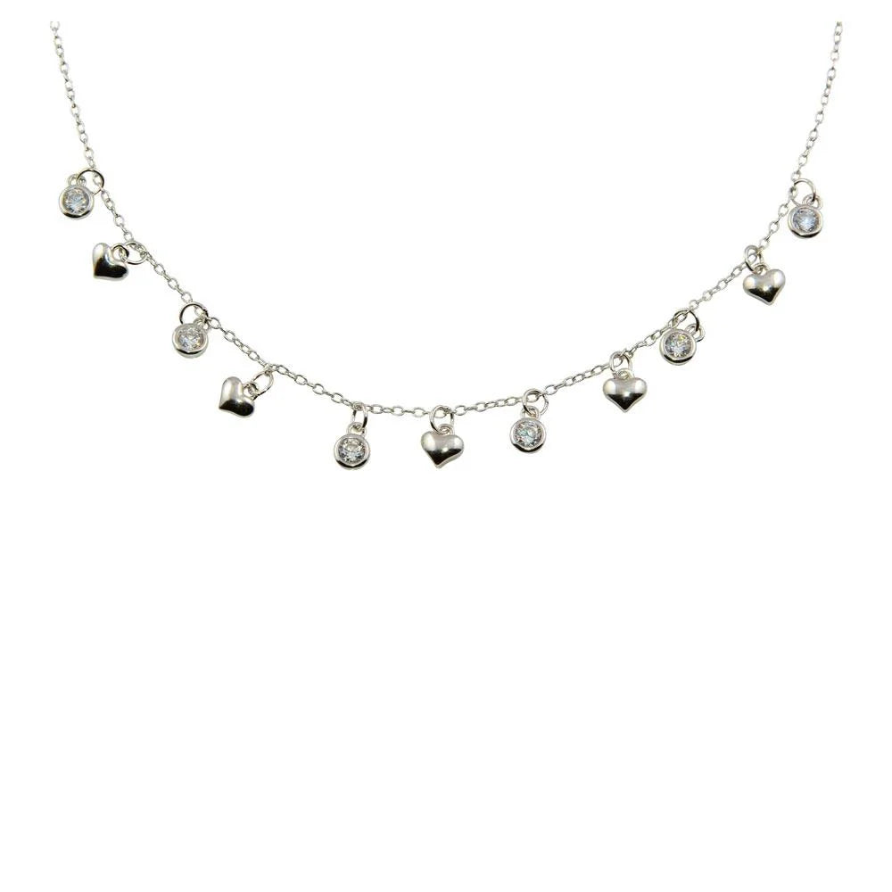 925 Sterling Silver Rhodium Plated Mini Heart and CZ Charm Necklace