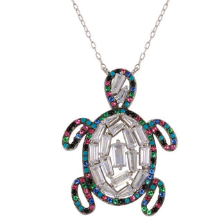 925 Sterling Silver Rhodium Plated Multi-Colored Turtle Pendant with CZ