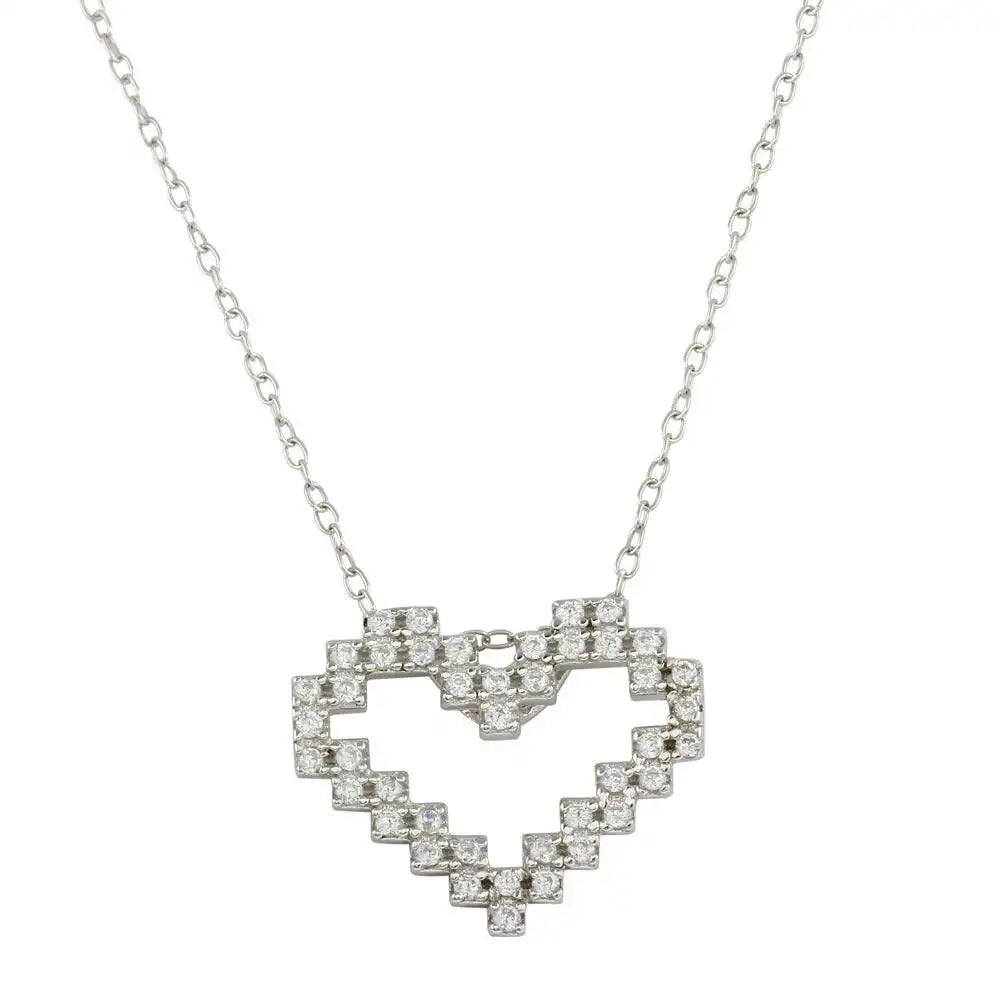 925 Sterling Silver Rhodium Plated Digital Heart Necklace with CZ