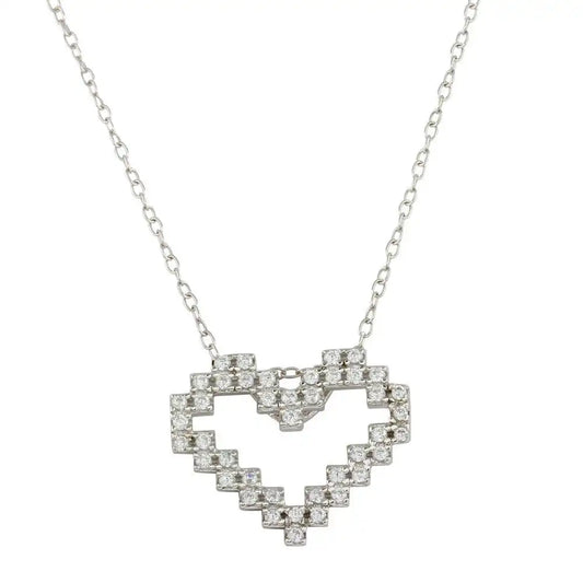 925 Sterling Silver Rhodium Plated Digital Heart Necklace with CZ