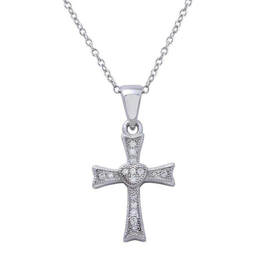 925 Sterling Silver Rhodium Plated Small Cross Pendant with Heart Center and CZ