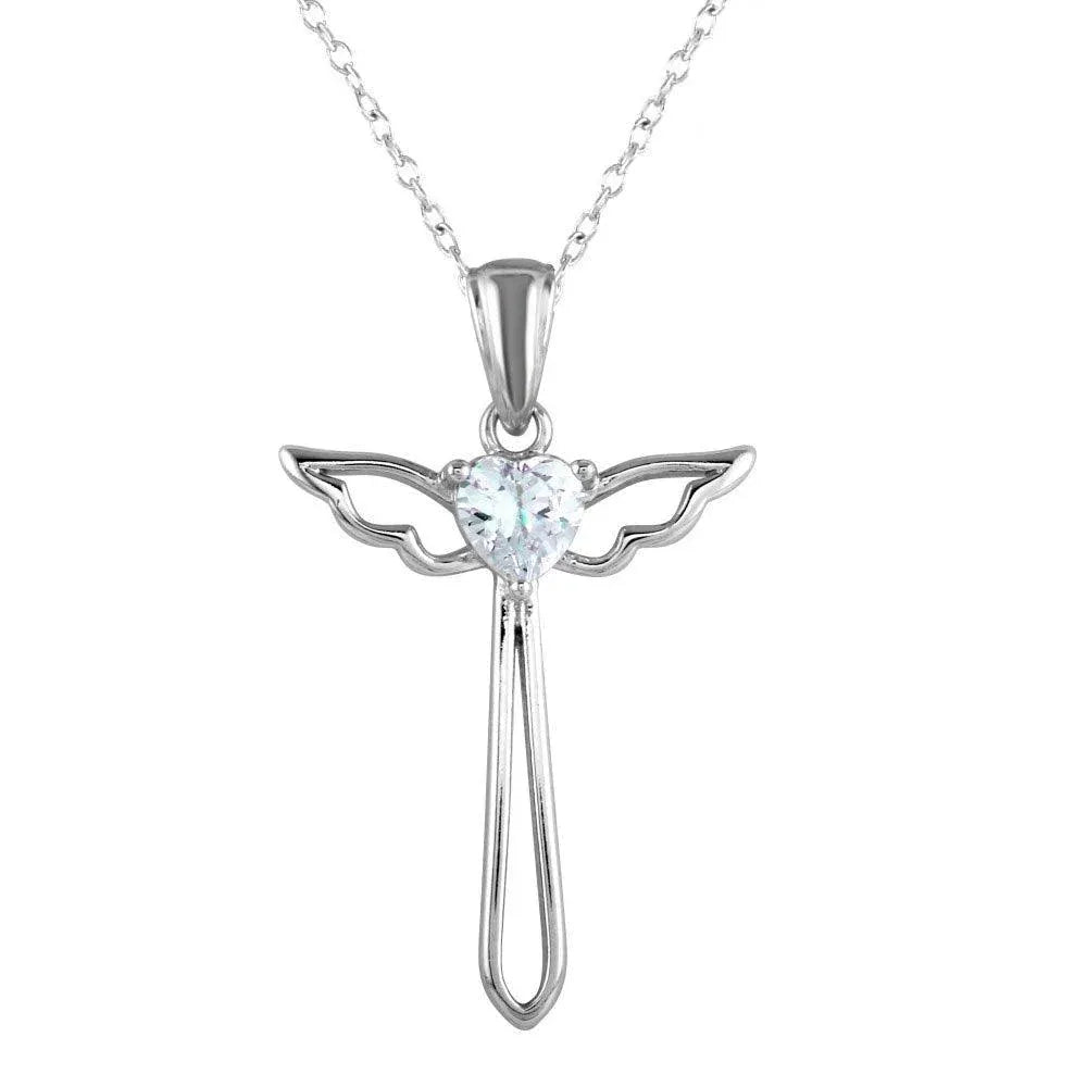 925 Sterling Silver Rhodium Plated Heart and Wings Cross Necklace with CZ