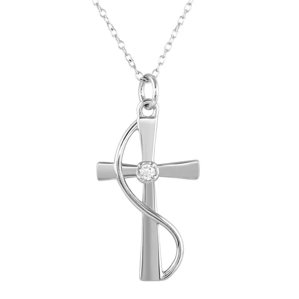 925 Sterling Silver Rhodium Plated Wrapped Cross Pendant Necklace with CZ