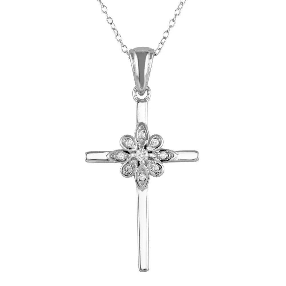925 Sterling Silver Rhodium Plated Cross and Flower Pendant Necklace with CZ