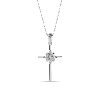 925 Sterling Silver Rhodium Plated Cross and Flower Pendant Necklace with CZ