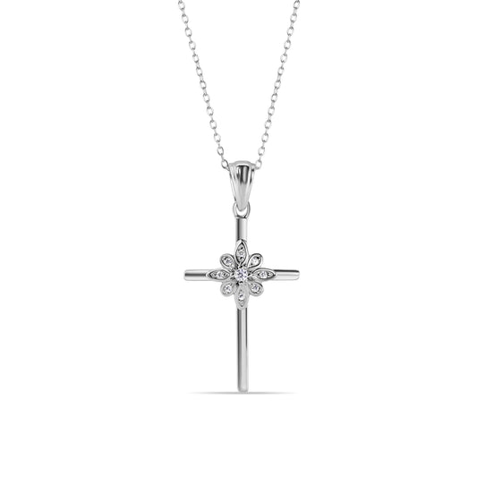 925 Sterling Silver Rhodium Plated Cross and Flower Pendant Necklace with CZ