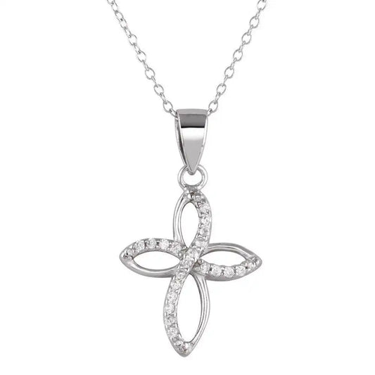 925 Sterling Silver Rhodium Plated Open Cross Pendant Necklace with CZ