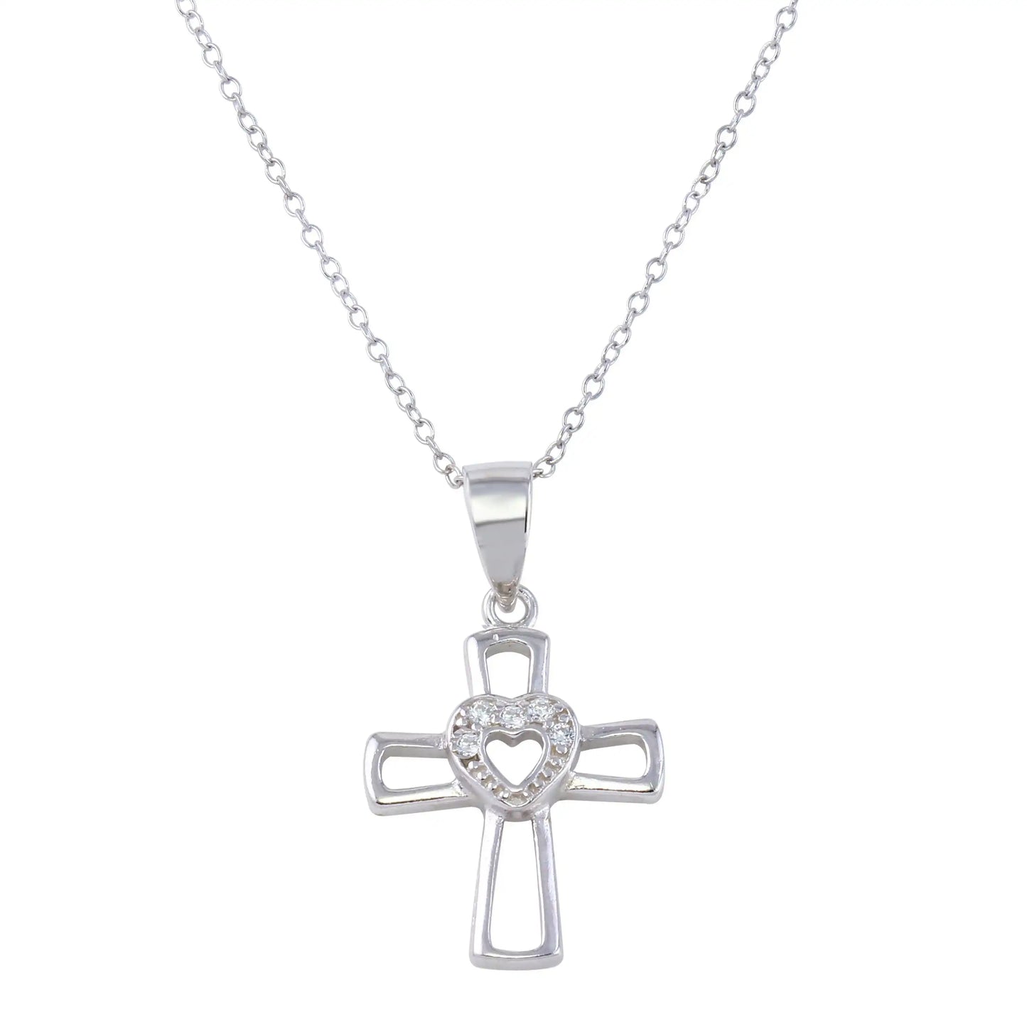 925 Sterling Silver Rhodium Plated Open Cross and Heart Pendant Necklace with CZ