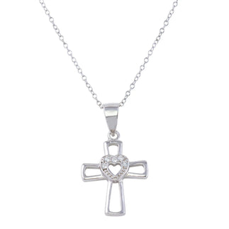 925 Sterling Silver Rhodium Plated Open Cross and Heart Pendant Necklace with CZ