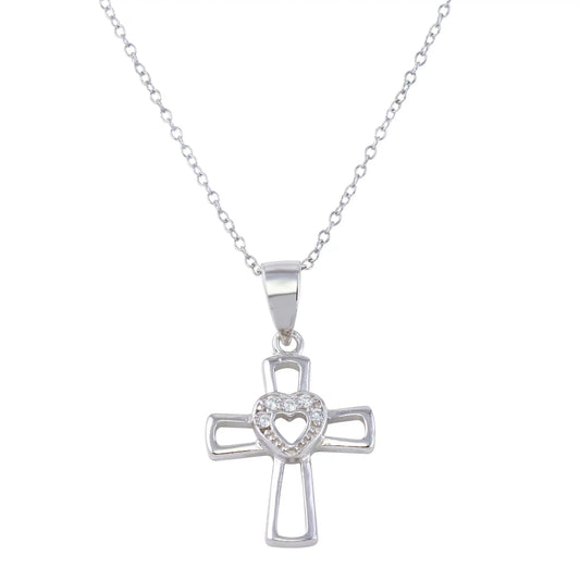 925 Sterling Silver Rhodium Plated Open Cross and Heart Pendant Necklace with CZ