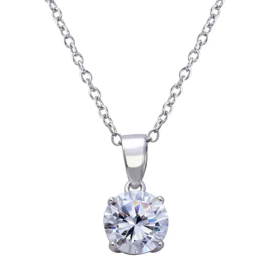 925 Sterling Silver Rhodium Plated Round Clear CZ Solitaire Necklace