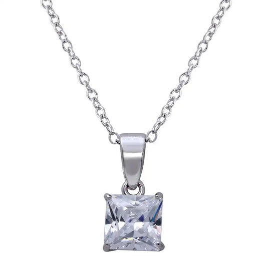 925 Sterling Silver Rhodium Plated Square Clear CZ Solitaire Necklace