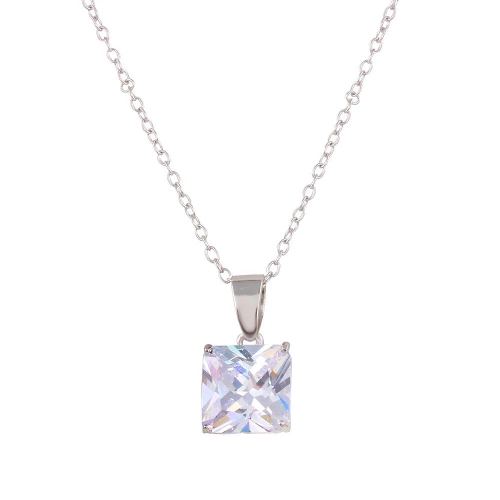 925 Sterling Silver Rhodium Plated Square CZ Solitaire Necklace