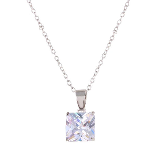925 Sterling Silver Rhodium Plated Square CZ Solitaire Necklace
