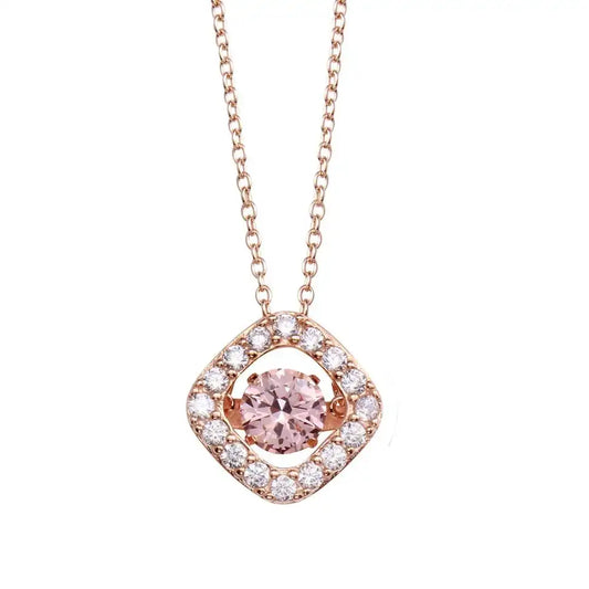 925 Sterling Silver Rose Gold Plated Open Square Pendant Necklace with Dancing Pink CZ Stone