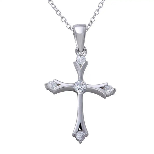 925 Sterling Silver Rhodium Plated Medium Cross Pendant Necklace with CZ Stones