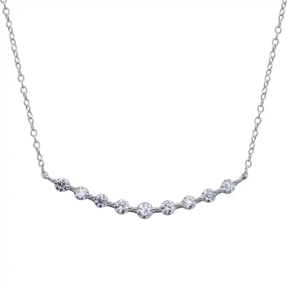 925 Sterling Silver Rhodium Plated Curved Bar Pendant Necklace with CZ