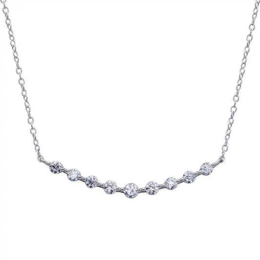 925 Sterling Silver Rhodium Plated Curved Bar Pendant Necklace with CZ