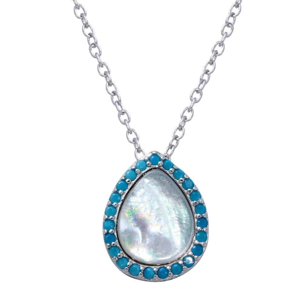 925 Sterling Silver Rhodium Plated Opal Teardrop Pendant Necklace with Blue CZ