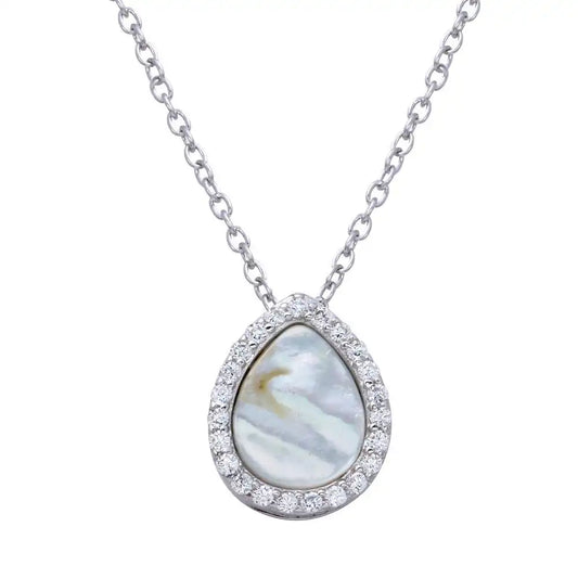 925 Sterling Silver Rhodium Plated Opal Teardrop Pendant Necklace with CZ