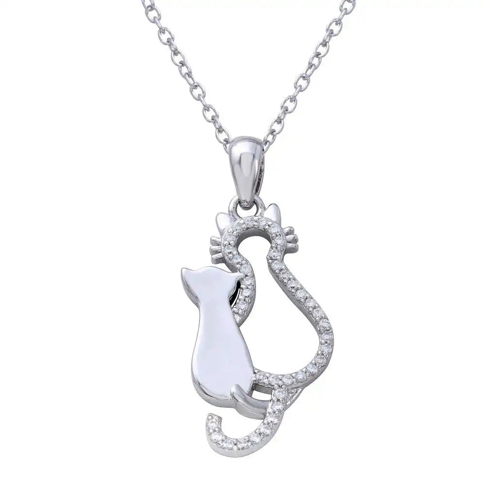 925 Sterling Silver Rhodium Plated Open Cat and Kitten Necklace with CZ