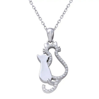 925 Sterling Silver Rhodium Plated Open Cat and Kitten Necklace with CZ