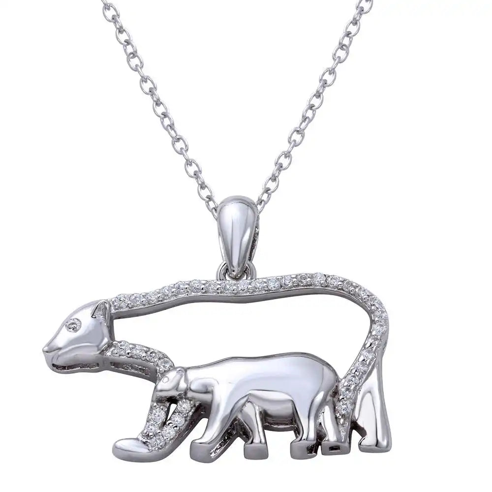 925 Sterling Silver Rhodium Plated Bears Necklace with CZ