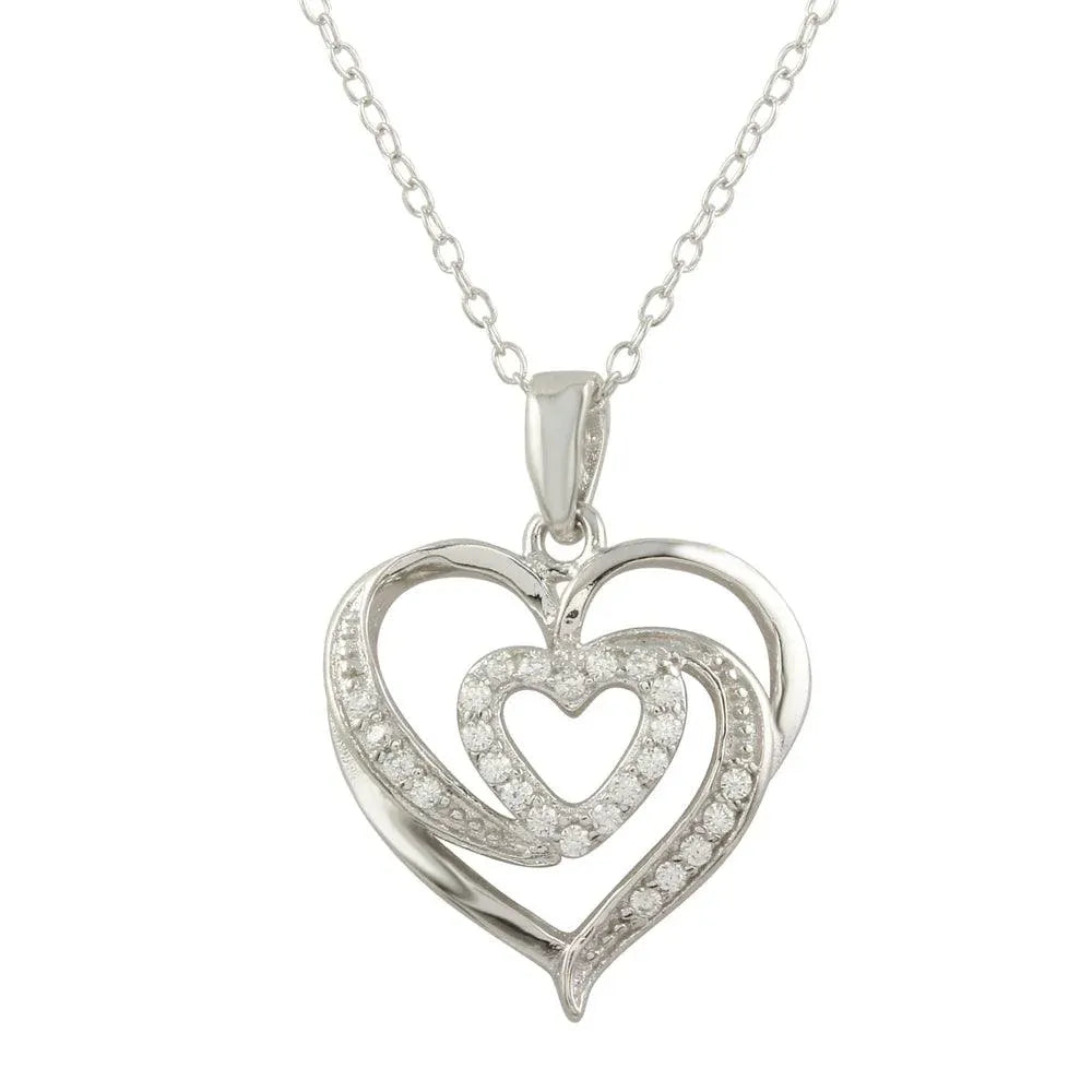 925 Sterling Silver Rhodium Plated Heart Pendant Necklace with CZ