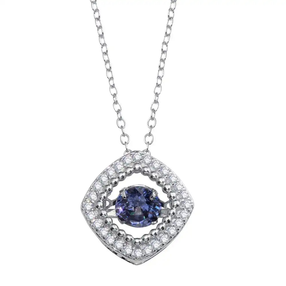 925 Sterling Silver Rhodium Plated Open Rhombus Necklace with Dancing CZ