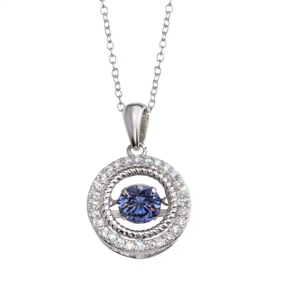 925 Sterling Silver Rhodium Plated Open Pendant Necklace with Blue Dancing CZ