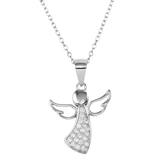 925 Sterling Silver Rhodium Plated Angel Pendant Necklace with CZ
