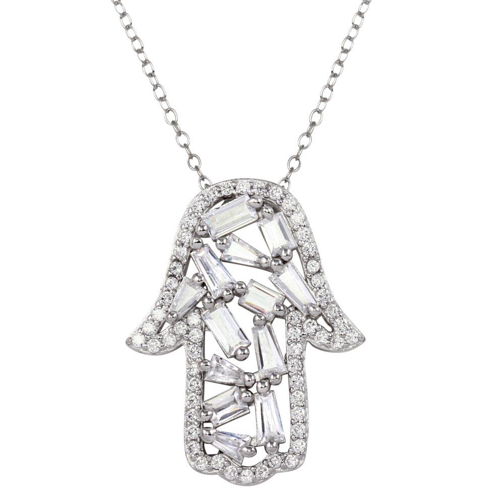 925 Sterling Silver Rhodium Plated Hamsa Pendant Necklace with CZ