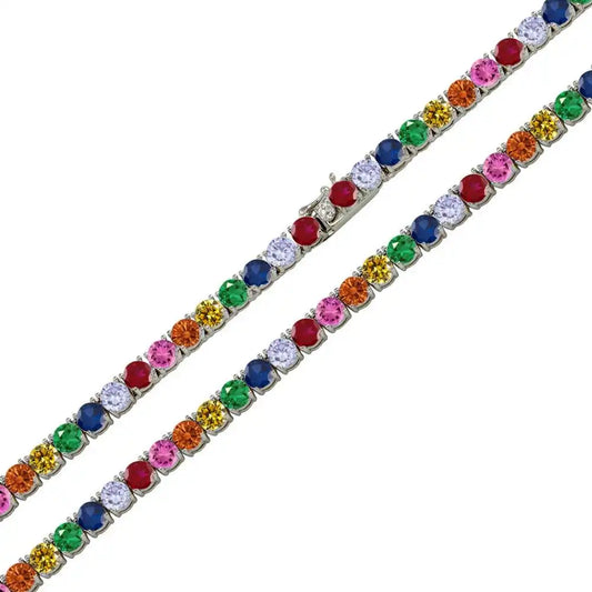 925 Sterling Silver Rhodium Plated Rainbow Round CZ Tennis Necklace 4mm