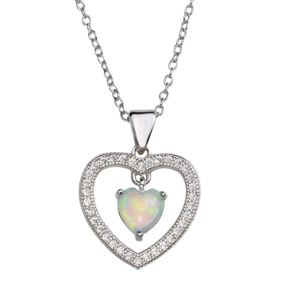 925 Sterling Silver Rhodium Plated Open Heart Pendant Necklace with Synthetic Opal and CZ