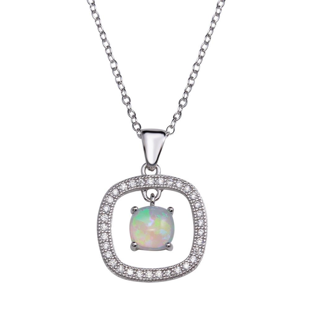 925 Sterling Silver Rhodium Plated Open Rounded Square Pendant Necklace with Synthetic Opal and CZ