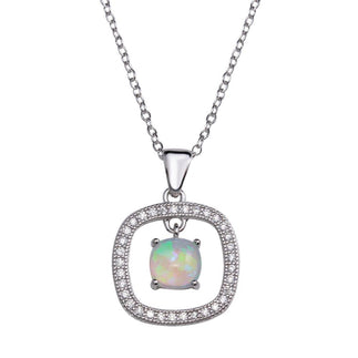 925 Sterling Silver Rhodium Plated Open Rounded Square Pendant Necklace with Synthetic Opal and CZ