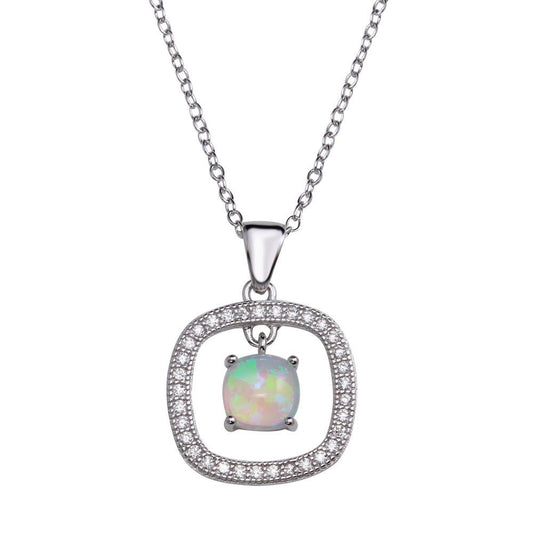 925 Sterling Silver Rhodium Plated Open Rounded Square Pendant Necklace with Synthetic Opal and CZ