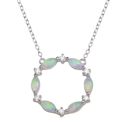 925 Sterling Silver Rhodium Plated Open Circle Pendant with CZ and Synthetic Opal