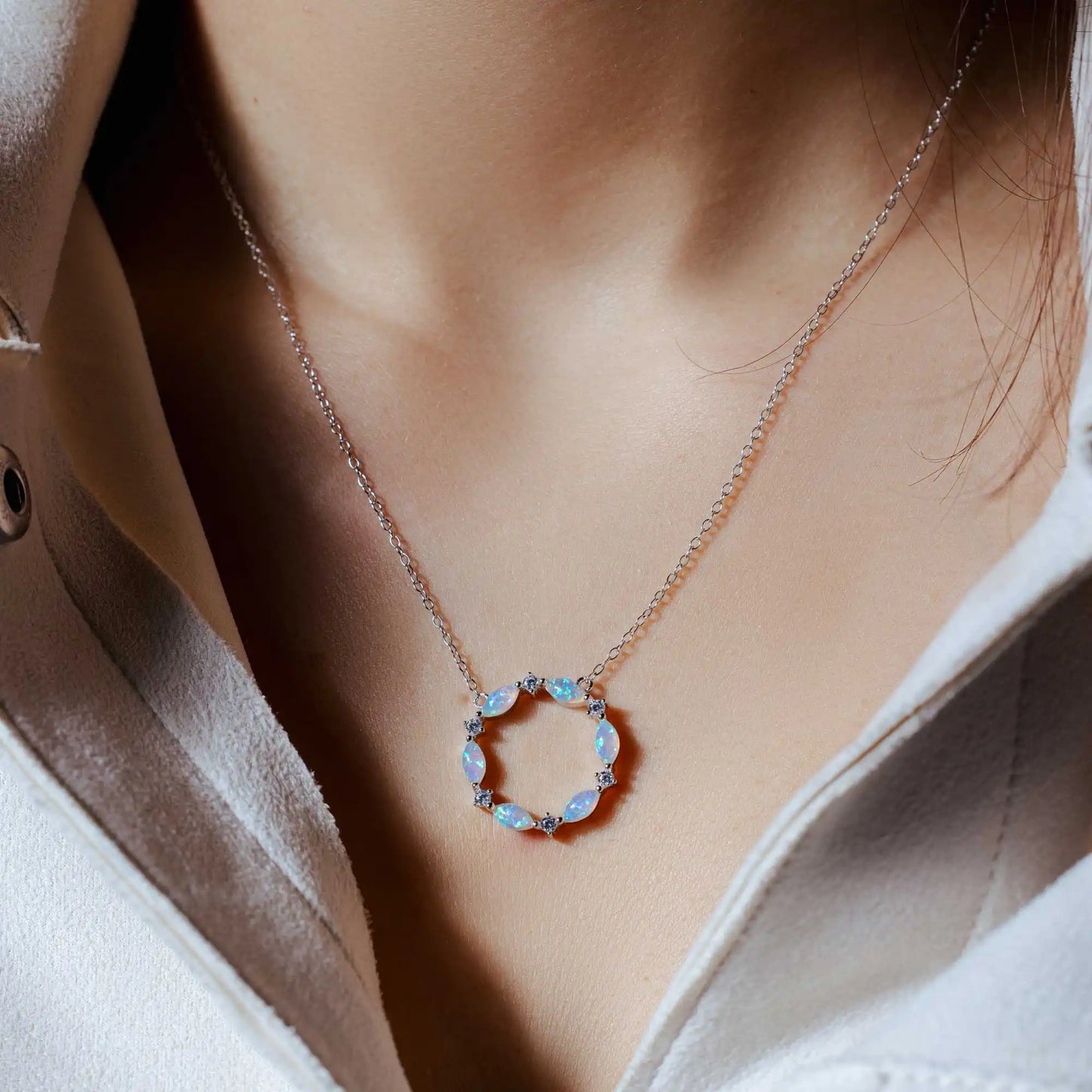 925 Sterling Silver Rhodium Plated Open Circle Pendant with CZ and Synthetic Opal