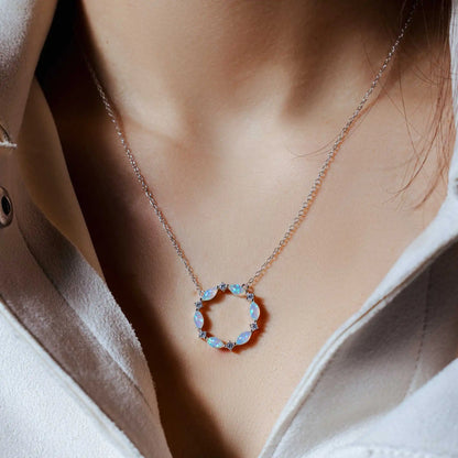 925 Sterling Silver Rhodium Plated Open Circle Pendant with CZ and Synthetic Opal