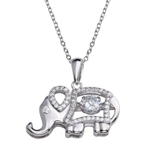 925 Sterling Silver Rhodium Plated Elephant Pendant Necklace with Dancing CZ