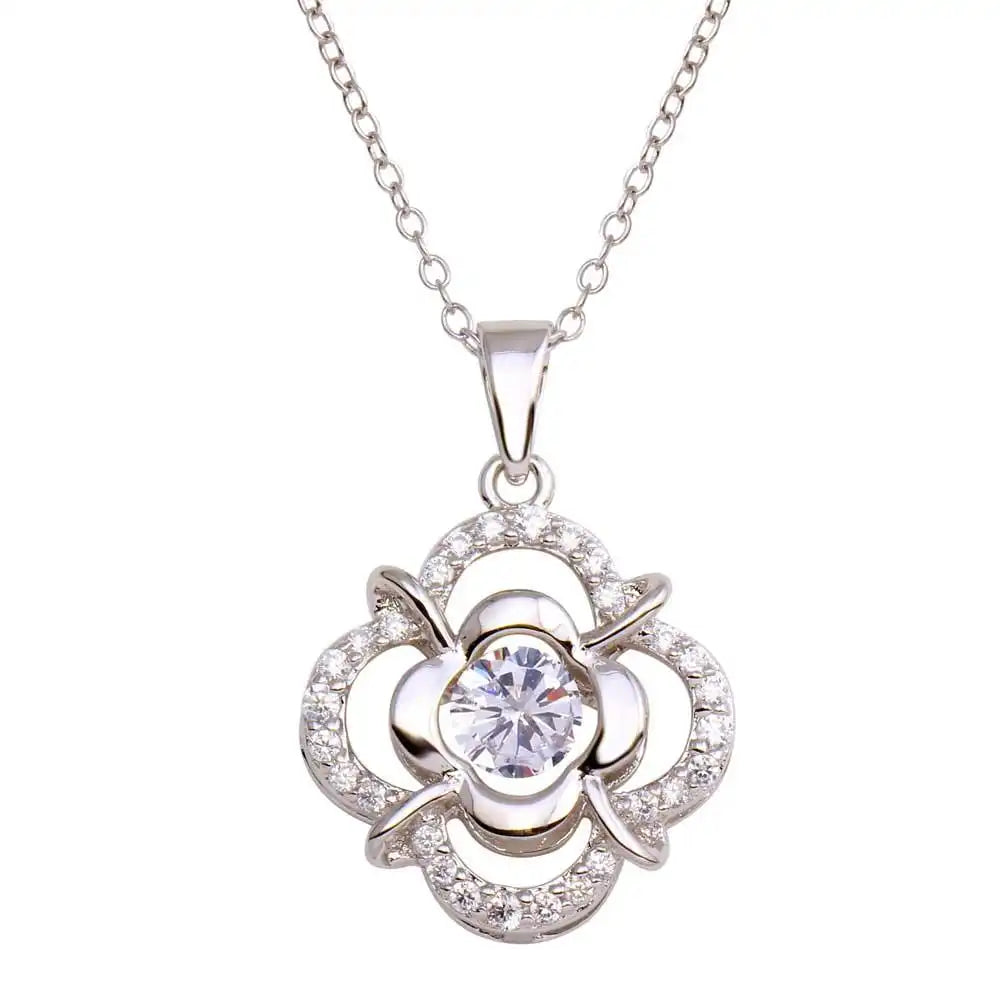 925 Sterling Silver Rhodium Plated Open Flower Dancing CZ Necklace