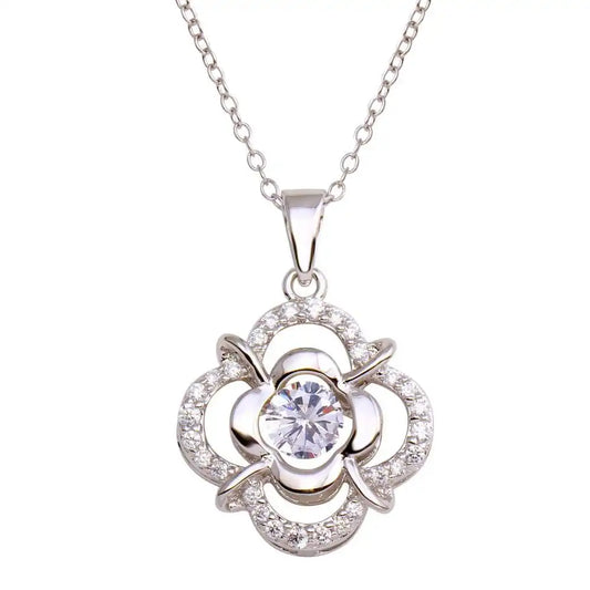 925 Sterling Silver Rhodium Plated Open Flower Dancing CZ Necklace