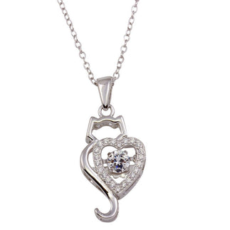 925 Sterling Silver Rhodium Plated Dancing CZ Heart Cat Necklace