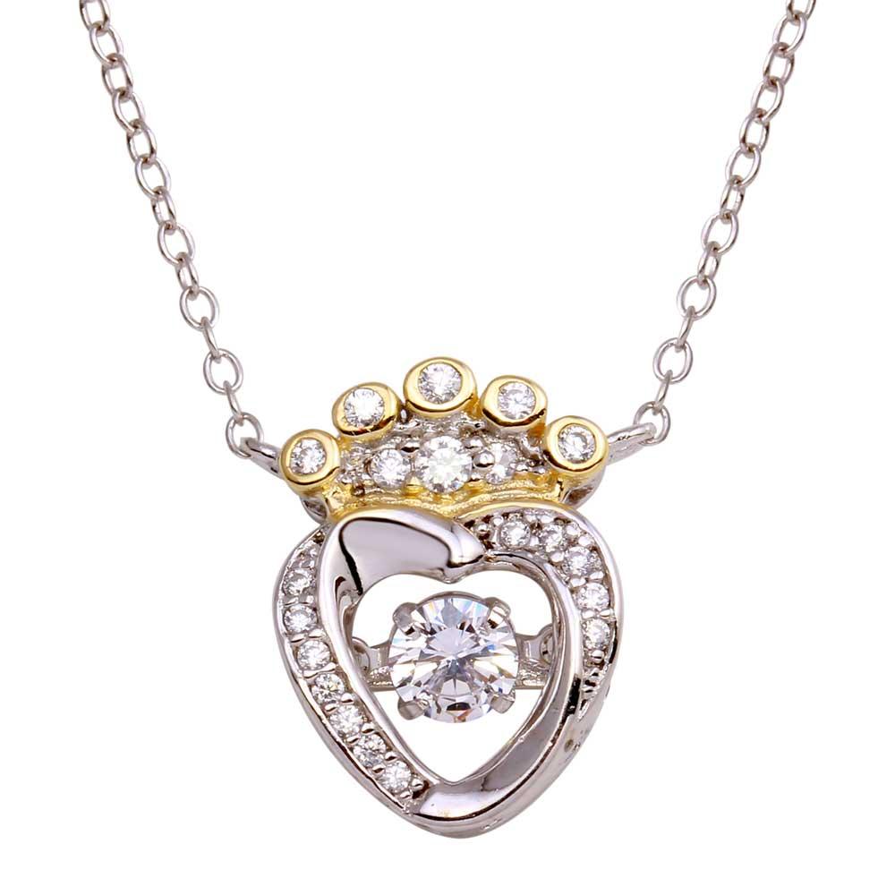925 Sterling Silver Two-Tone Crown Heart Dancing CZ Necklace