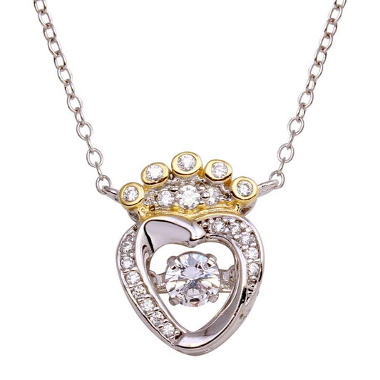 925 Sterling Silver Two-Tone Crown Heart Dancing CZ Necklace